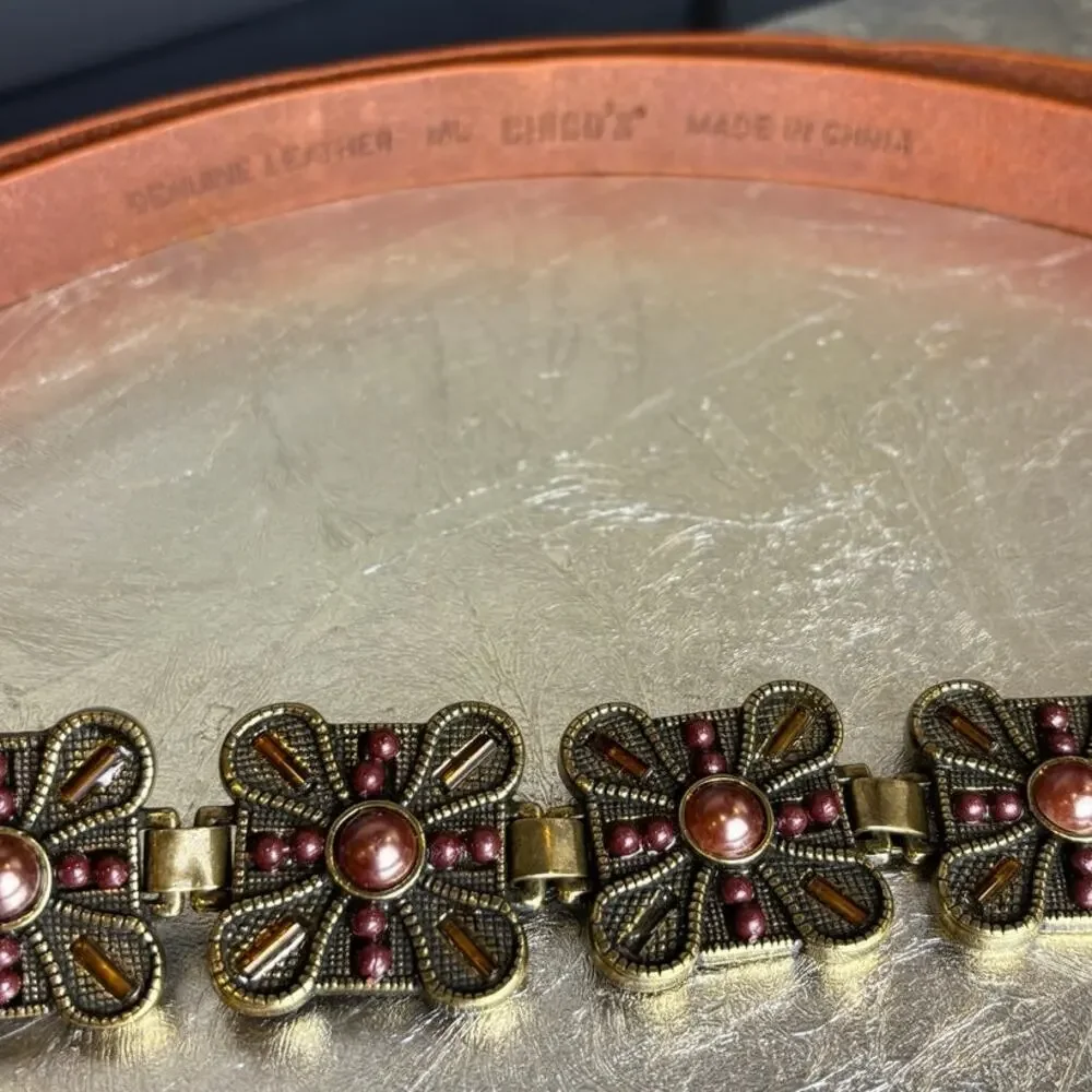 Chico's Bronze Purple Medallion Stone Brown Leather Adjustable Belt M/L EUC